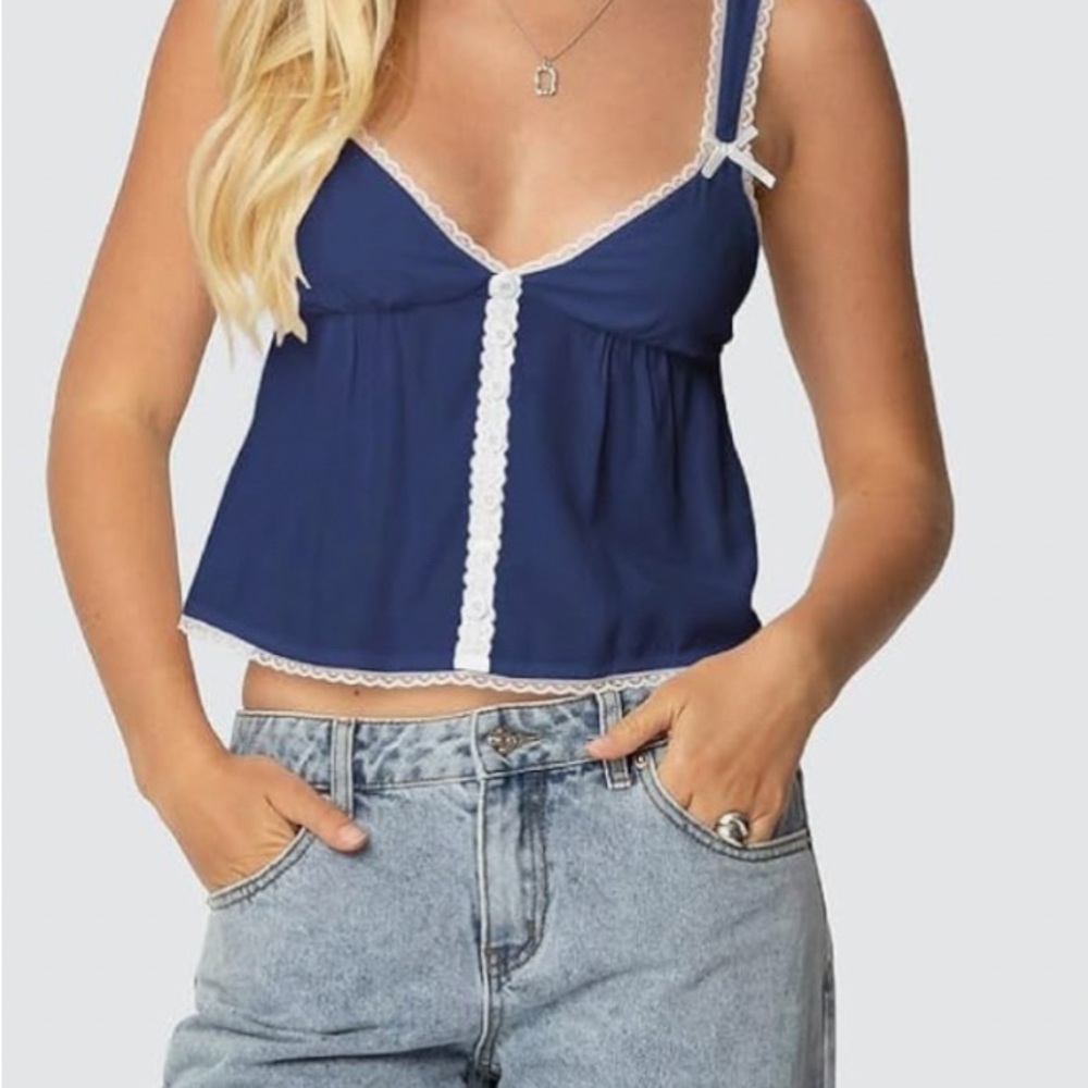 Women's Navy Blue Lace Trim Top